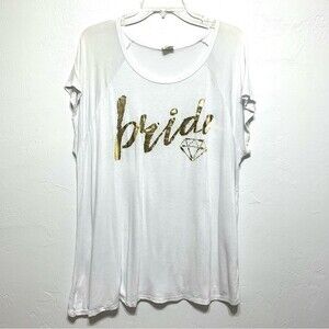 Pink Foot White & Gold Bride Engagement Round Neck Short Sleeve Top size 1XL